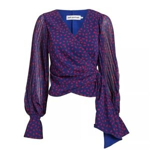 Self-Portrait Blouse Blue Red Printed Crepe Wrap Ruched Balloon Sleeve Size 8